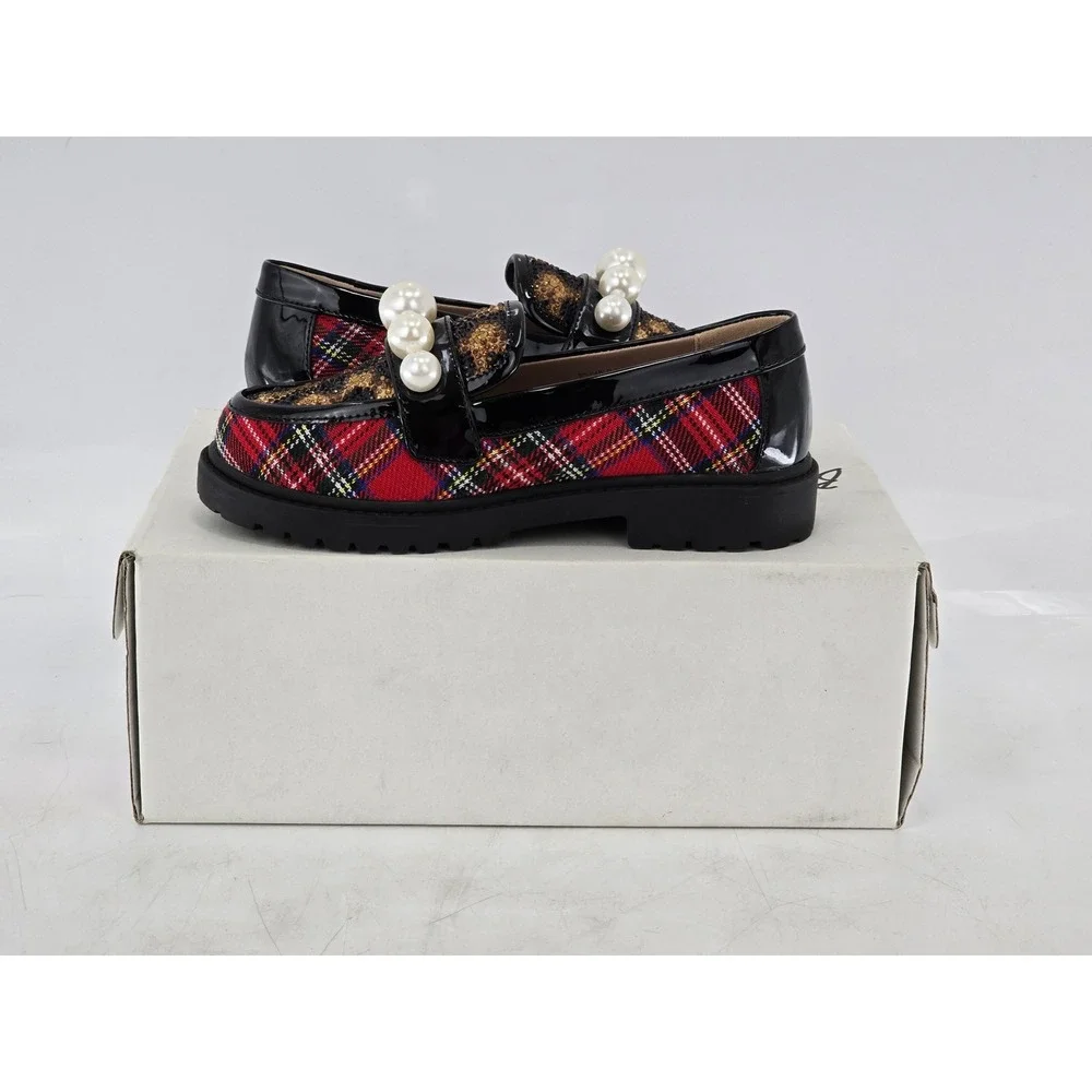 Betsey Johnson Harlo Loafers Kids 13 Red Plaid Leopard Pearl - Excellent